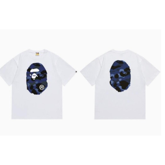 White BAPE T-Shirt with Blue Camo Ape Head (Front & Back)